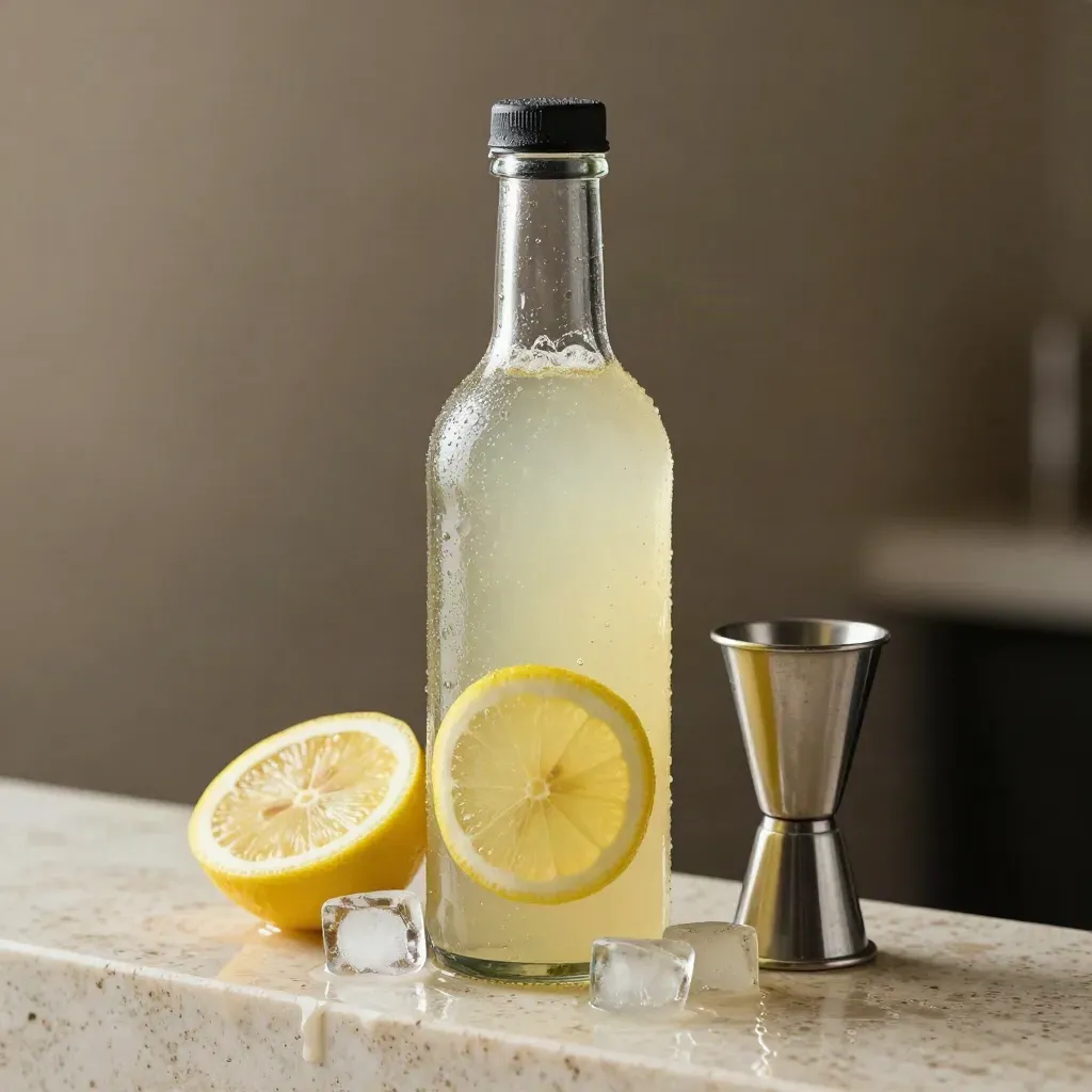 Unbranded lemon CBD drink bottle with ice, lemon wheels and a steel jigger on travertine.
