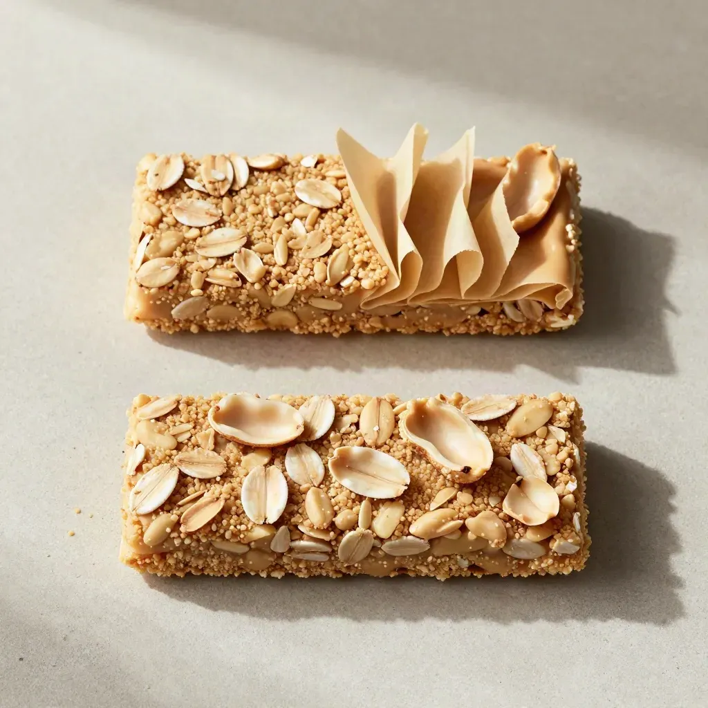 Top-down peanut butter snack bars with peanut shells, oats, and parchment on pale concrete.