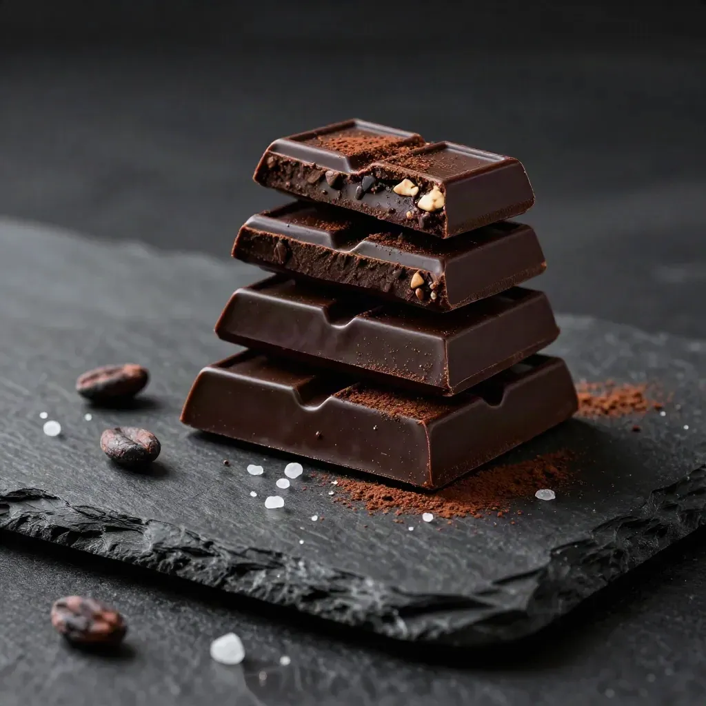 Dark chocolate CBD bites stacked on black stone with cacao nibs and salt crystals.