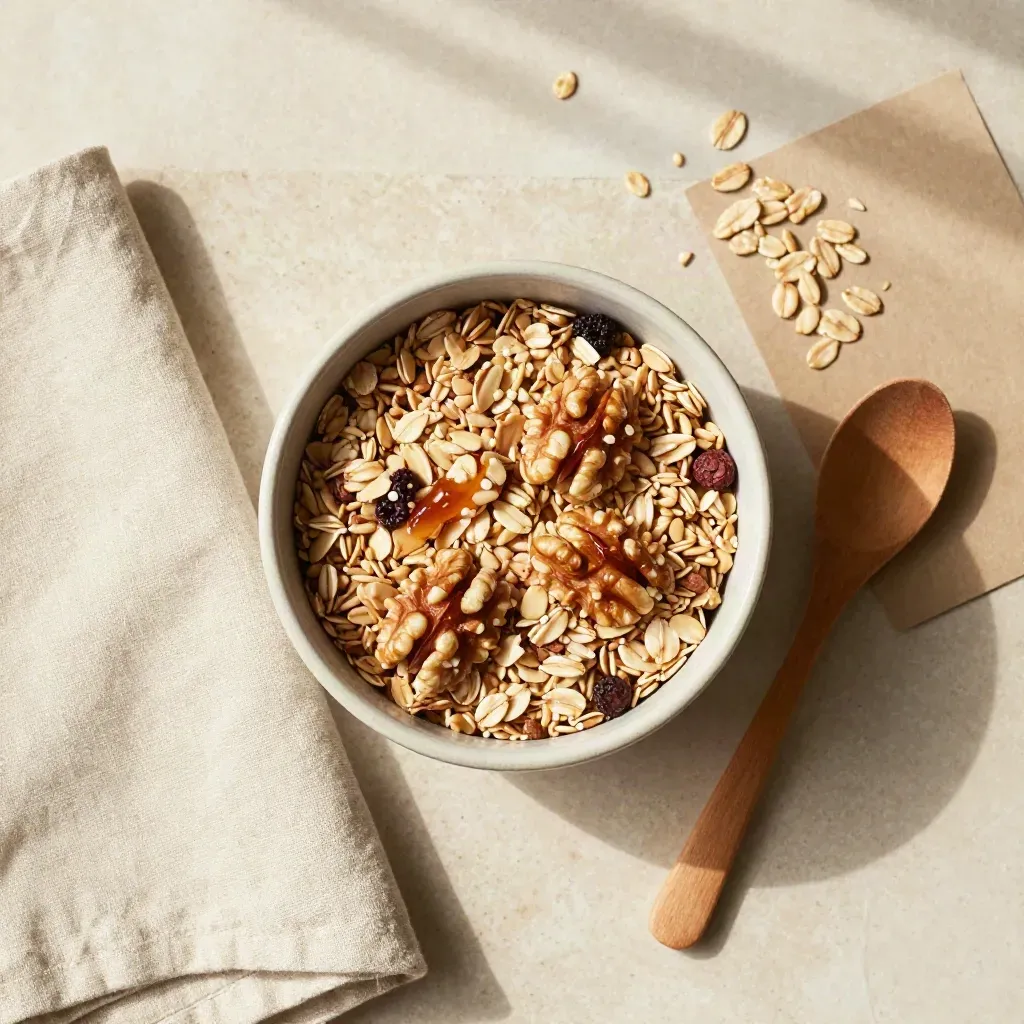 Overhead bowl of maple hemp granola with linen napkin, spoon, and scattered oats on pale stone