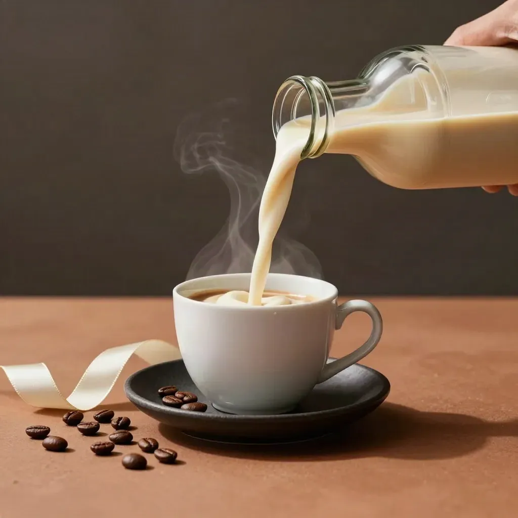 Glass bottle of vanilla creamer beside a steaming cup, coffee beans and a cream swirl on terracotta.