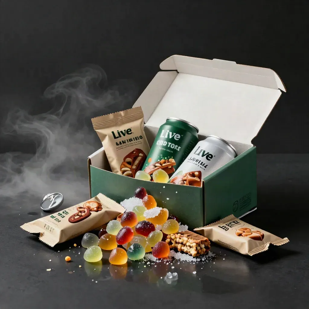 Open monthly snack box with gummies, drink cans, bars, and bake mix pouches spilling in studio light.