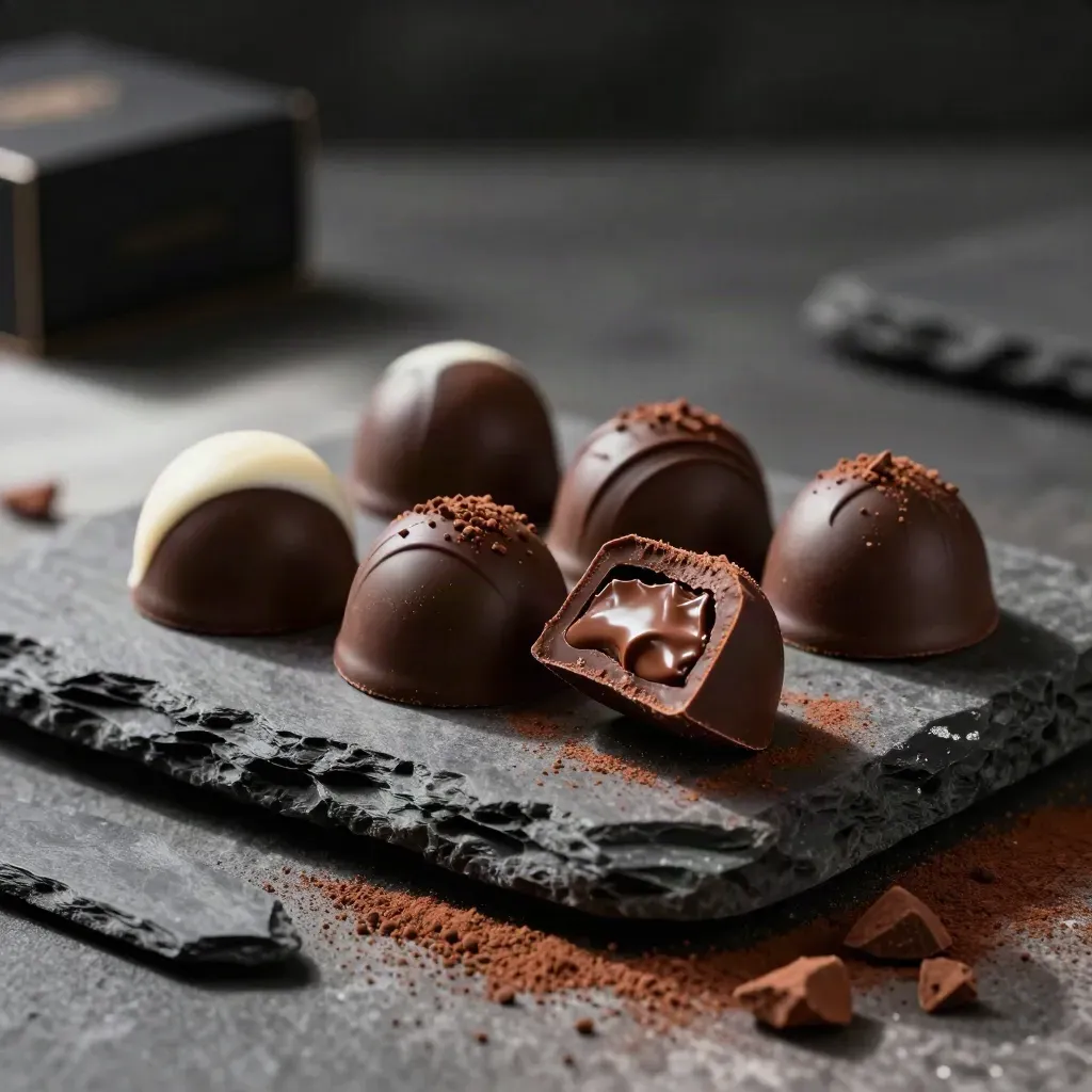 Charcoal box of six CBD chocolate bites on a stone pedestal with one split piece.