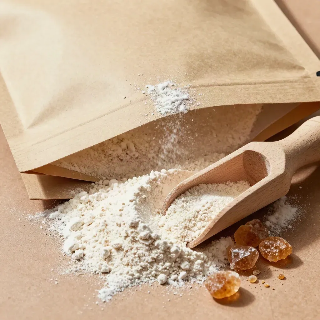 Macro of a maple CBD baking mix pouch with flour, scoop, and sugar shards