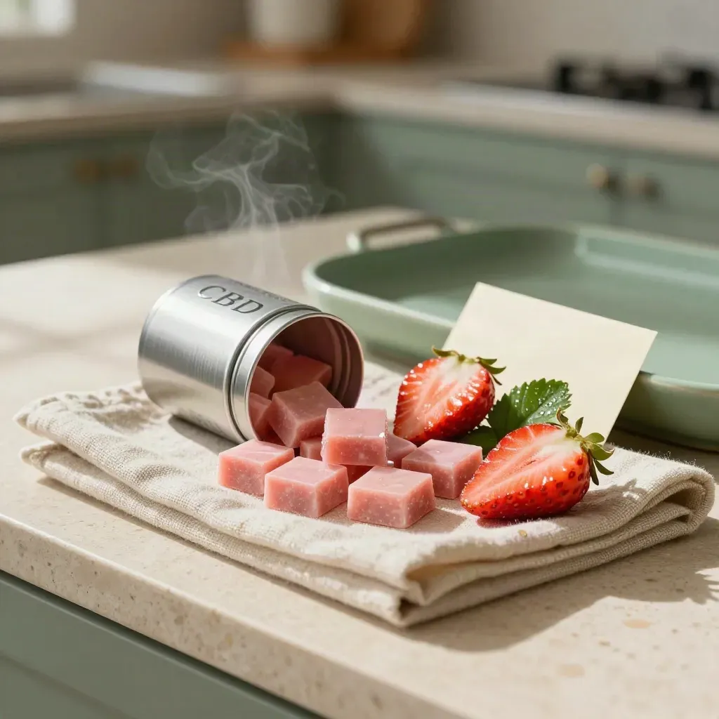 Strawberry CBD chews spill from an unbranded tin with strawberries and green leaves on linen.