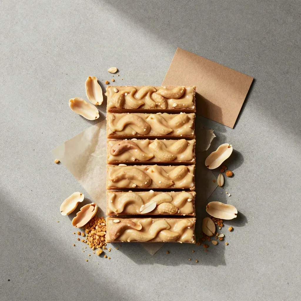 Overhead flatlay of five peanut butter snack bars with peanuts, oats and parchment on concrete.