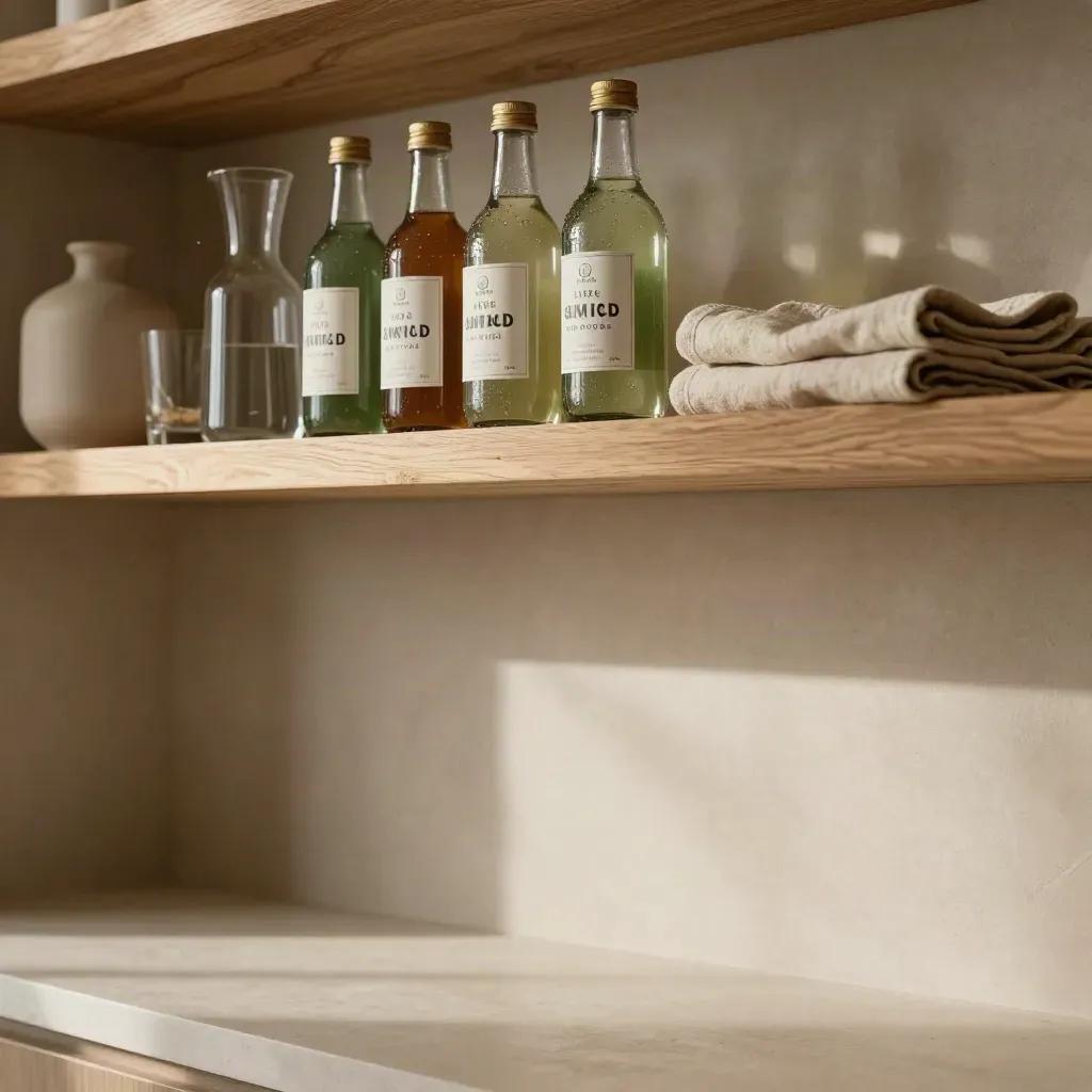 Sunlit pantry shelf with CBD drink bottles and ceramic vessels above a calm open counter